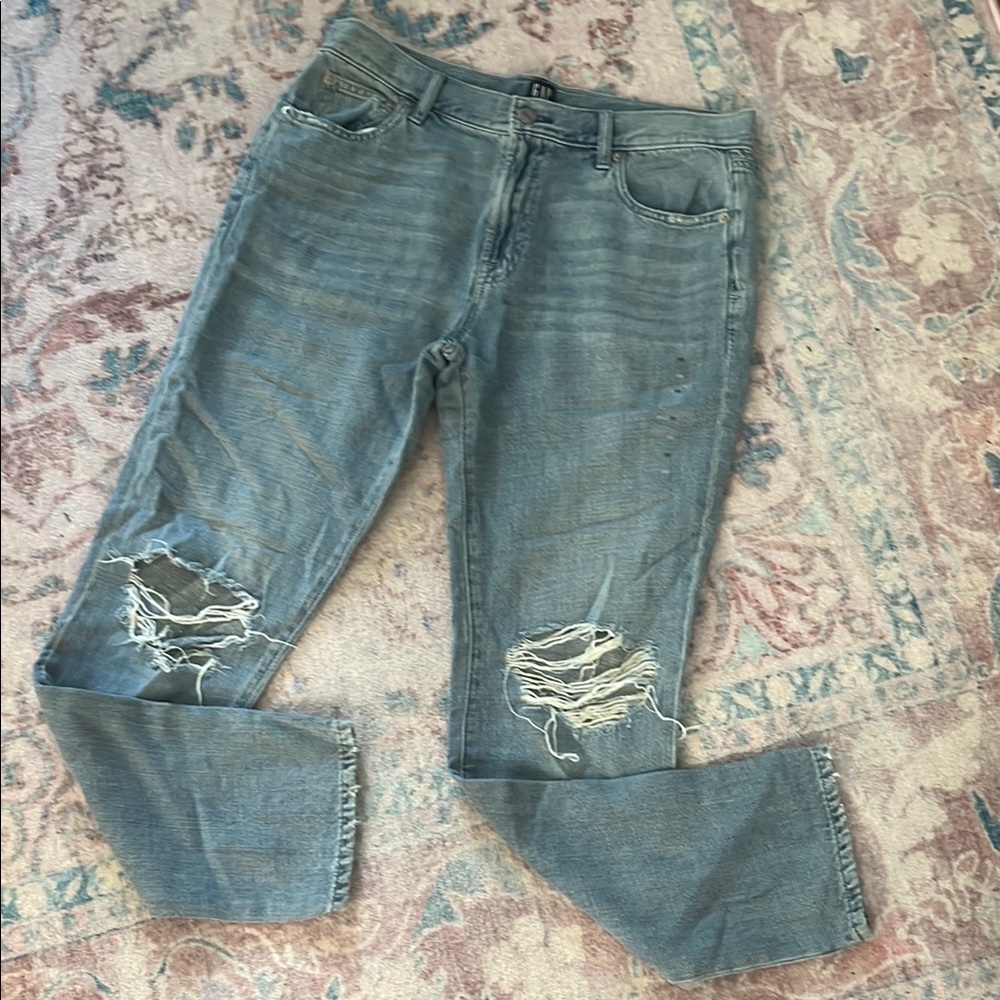 GAP Straight Leg Blue and White Jeans with Fashionable Distressing
